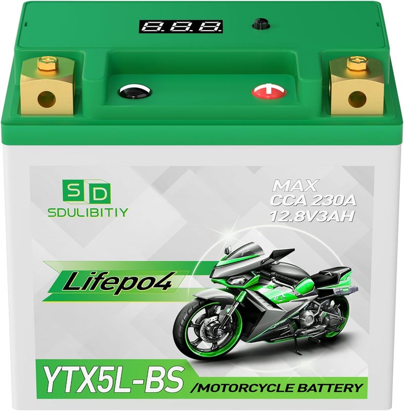 SDULIBITIY بطارية دراجة نارية ليثيوم LiFePO4 YTX5L-BS 12.8V 3Ah 230CCA عالية الأداء للرياضات القوية، متوافقة مع ATV، UTV، 4 عجلات، سكوتر، PWC، Seadoo، Polaris وبطارية مولد. - Image 1